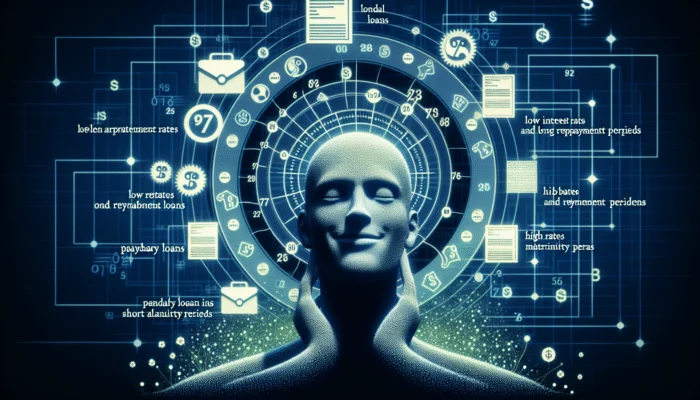 A person smiling amidst financial documents, comparing personal and payday loan terms, symbolizing financial relief.