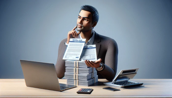 A person thoughtfully comparing personal loan and payday loan documents at a desk with a calculator and laptop.