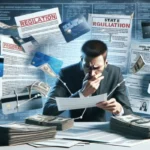 A man in a suit sits at a desk covered with cash and documents, looking concerned as he examines papers. Floating around him are payday loans forms, credit cards, and regulatory papers, highlighting financial or regulatory stress.