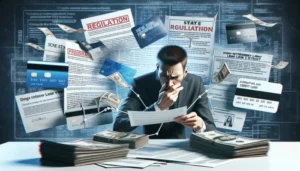 A man in a suit sits at a desk covered with cash and documents, looking concerned as he examines papers. Floating around him are payday loans forms, credit cards, and regulatory papers, highlighting financial or regulatory stress.