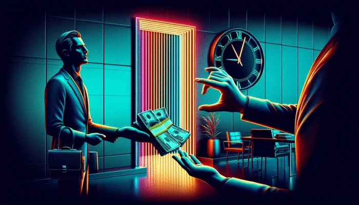 A modern office with a neon "Payday Loans" sign; a suited person hands cash to a relieved individual under a clock.