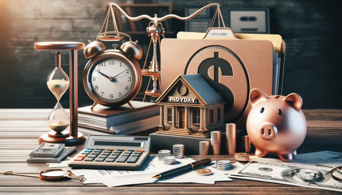 A financial planner's desk with charts, graphs, and a 'Payday Loans' folder, illustrating financial strategy integration.