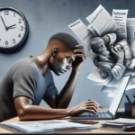 A man sits at a desk with a laptop, looking stressed. Papers and documents swirl from the screen, forming the shape of a worried person—a scene reflecting the pressure many US millennials face with payday loans. A clock on the wall shows 10:10.