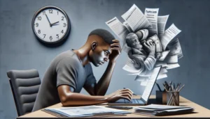 A man sits at a desk with a laptop, looking stressed. Papers and documents swirl from the screen, forming the shape of a worried person—a scene reflecting the pressure many US millennials face with payday loans. A clock on the wall shows 10:10.