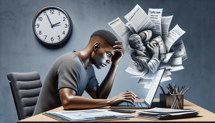 A man sits at a desk with a laptop, looking stressed. Papers and documents swirl from the screen, forming the shape of a worried person—a scene reflecting the pressure many US millennials face with payday loans. A clock on the wall shows 10:10.