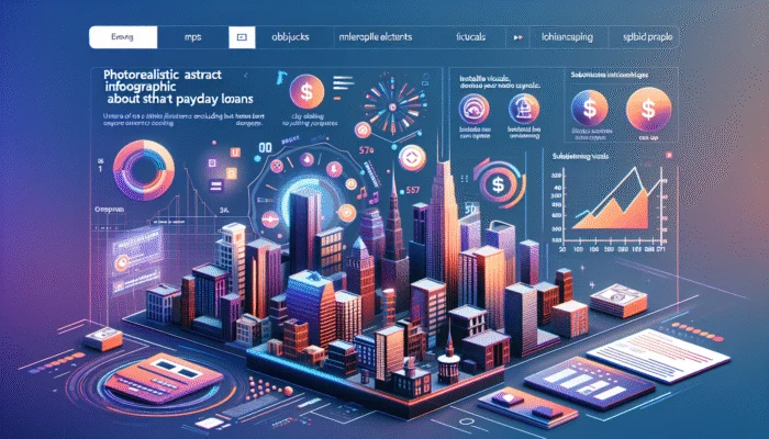 A vibrant infographic on payday loans for millennials, set against an urban city backdrop.