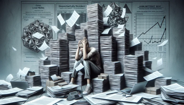 A stressed millennial amidst towering payday loan agreements, high interest charts, and legal notices in a chaotic debt environment.