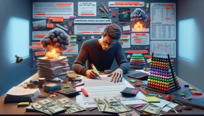 A young millennial analyzing a payday loan contract with a calculator and bank statements on a desk.