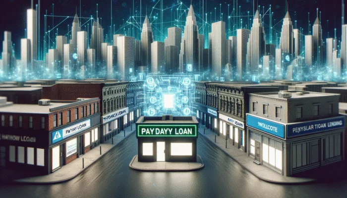 A digital illustration depicts a U.S. cityscape with tall futuristic buildings in the background and a row of payday lending storefronts in the foreground, connected by digital network symbols highlighting fintech innovations bridging both areas.