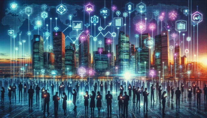 Futuristic city skyline with fintech logos, rising graph, and people using mobiles for payday loans under neon lights.