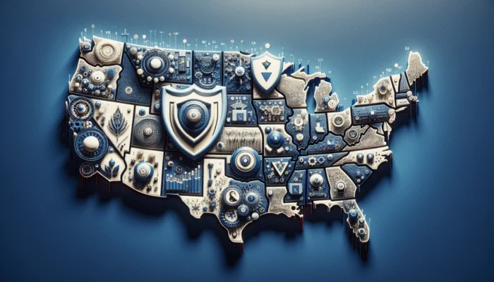 U.S. regulatory landscape map with California and New York highlighted for consumer protection laws.