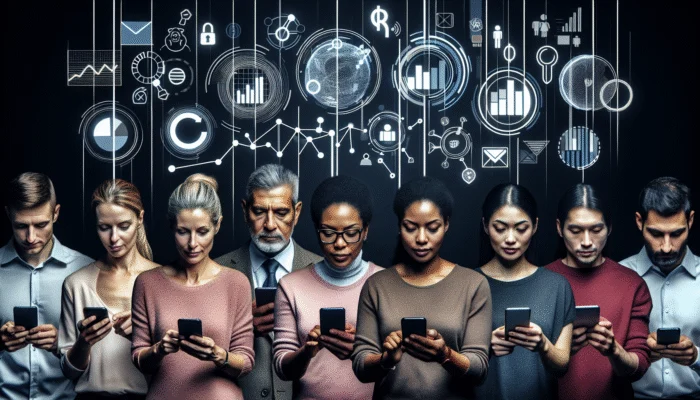 Diverse group using fintech app on smartphones, surrounded by digital graphs and alternative data sources.