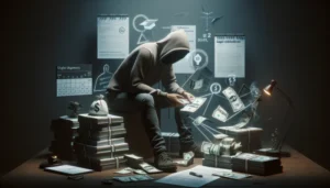 A person in a hooded sweatshirt sits on stacks of cash, counting money. Floating dollar bills, documents, and charts suggest themes of financial crime or payday loan negotiation. The scene is dimly lit and dramatic.