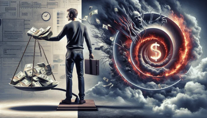 A person balancing cash against a debt cycle, with a clock indicating short repayment time, illustrating payday loan risks and benefits.