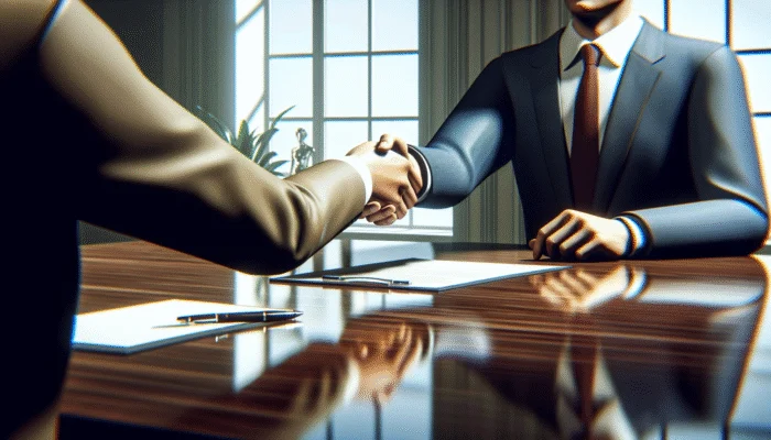 A confident professional shaking hands with a lender over a table with clear loan documents.