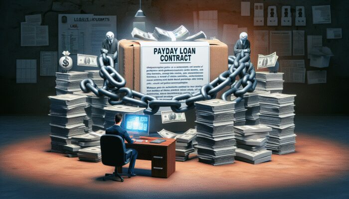 A person sits at a desk with a computer, surrounded by large stacks of money and a giant payday loan contract wrapped in chains and locks; papers, charts, and a Wisconsin payday loans comprehensive guide cover the dimly lit room.