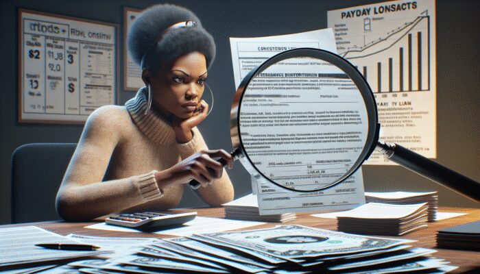 A concerned borrower in Wisconsin examining payday loan terms with a magnifying glass, calculator, and legal documents on a desk.