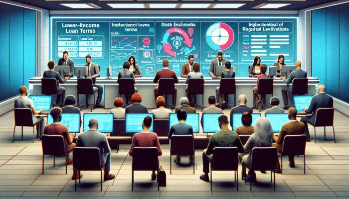 A conference room with people seated at desks facing large digital screens displaying financial charts, graphs, and statistics. Presenters sit at a front panel, sharing insights and trends for 2025 such as "Loan Terms" and "Payday Loan Data.