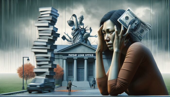 Person overwhelmed by financial stress amidst bills and loan documents, with payday loan office sign in background under gloomy sky.