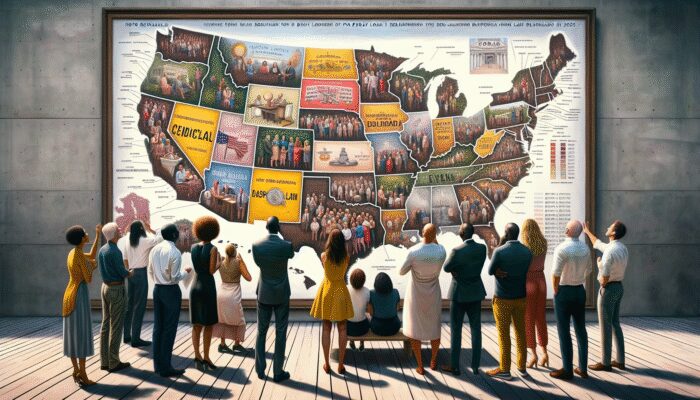 Diverse group before U.S. map with state regulations, symbolizing payday loan law impact in 2025.