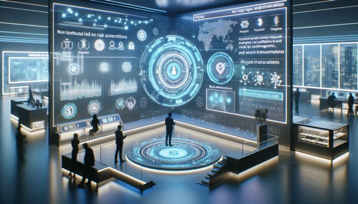 Futuristic payday loan office with AI and blockchain technology; holographic screens showing risk assessments and secure transactions.
