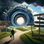 A person stands at a crossroads, holding a briefcase, facing multiple signposts labeled with various payday loans and debt options. A swirling vortex dominates the sky, creating a dramatic atmosphere that hints at vital money lessons to be learned.