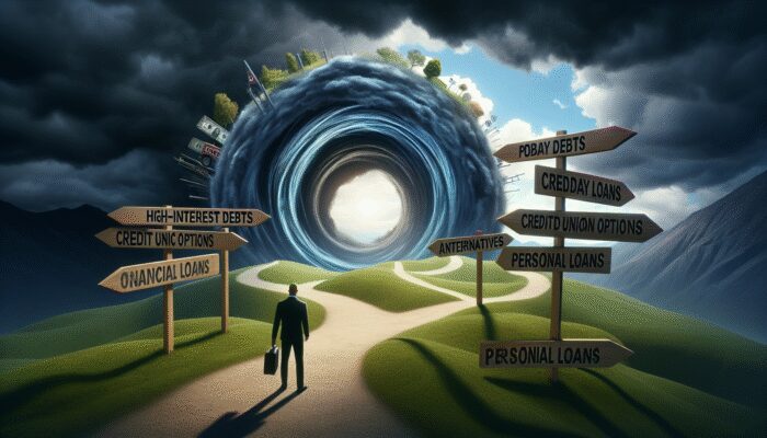 A person stands at a crossroads, holding a briefcase, facing multiple signposts labeled with various payday loans and debt options. A swirling vortex dominates the sky, creating a dramatic atmosphere that hints at vital money lessons to be learned.