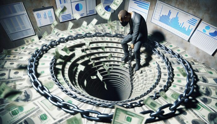 A person trapped in a vortex of cash and chains, symbolizing payday loan debt cycle, showing stress and financial strain.