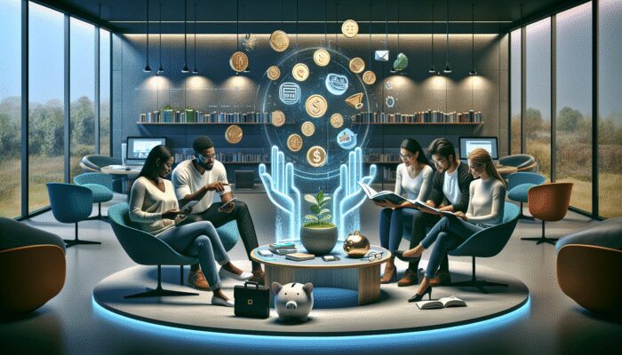 A person engaging in various financial literacy activities in a modern educational setting.