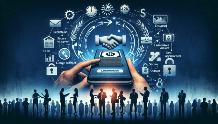 Two hands hold a smartphone displaying a handshake icon, surrounded by digital symbols of security, finance, and documents—an essential guide to mobile apps for business or fintech themes, including payday loans. Silhouetted people stand below.