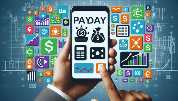 Smartphone screen showing colorful payday loan app icons, financial charts, and currency symbols.