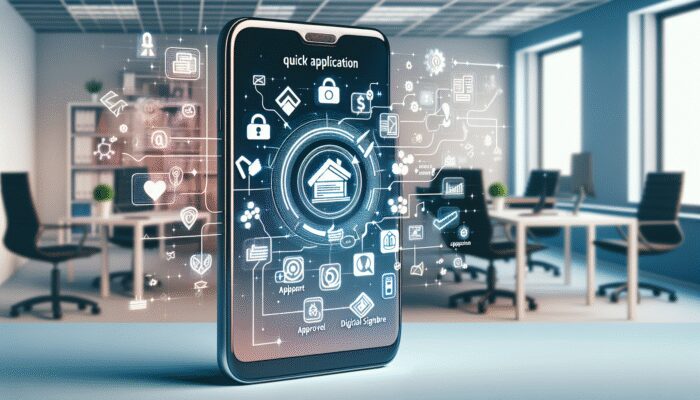 A smartphone showing a payday loan app with quick application and digital signature icons, replacing a traditional loan office.