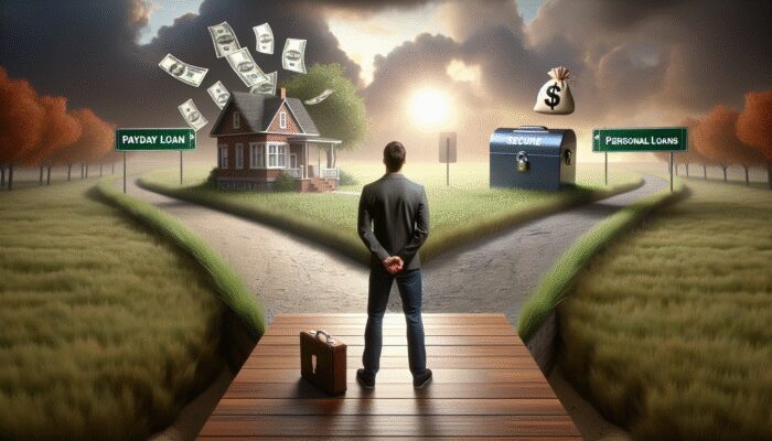 Person at crossroads choosing between Payday Loan and Personal Loans/Credit Unions under cloudy sky.