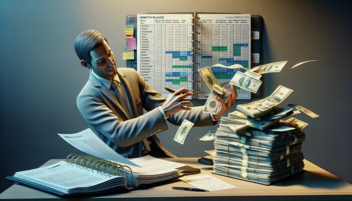 Person signing new loan documents, feeling relieved, with calendar and money symbolizing payday loan refinancing.