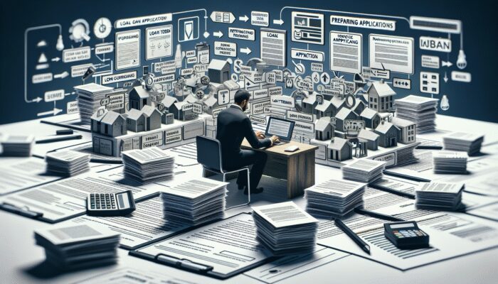 Person at desk reviewing loan terms and preparing refinancing applications, with documents symbolizing the process.
