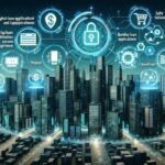 A city skyline at night with glowing digital icons above, representing tech innovations in financial technology such as blockchain, secure encryption, lending apps, and the payday loan industry—all connected by lines in a dynamic network.