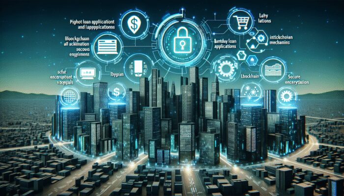A city skyline at night with glowing digital icons above, representing tech innovations in financial technology such as blockchain, secure encryption, lending apps, and the payday loan industry—all connected by lines in a dynamic network.