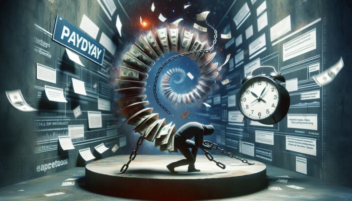 Person trapped in cycle, reaching for payday loan sign turning into chains, financial documents, clock.