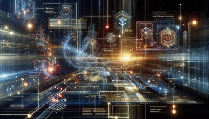 A futuristic digital interface showing data streams, algorithms analyzing information, and verified results for loan approval.