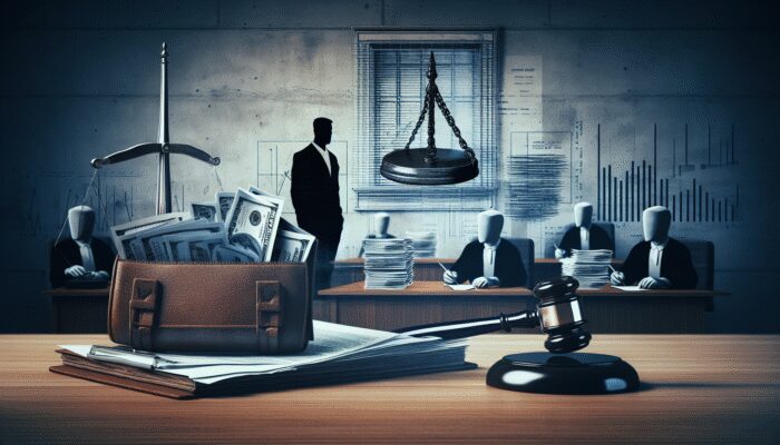 A courtroom scene depicting a payday lender facing penalties, emphasizing compliance importance in lending.