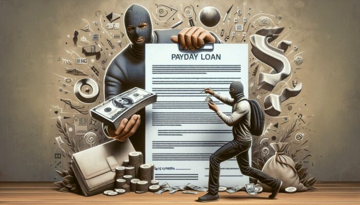 A gig worker with a payday loan contract, holding quick cash amidst symbols of urgent expenses and risks.
