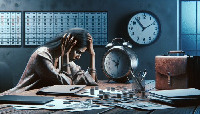A stressed person at a desk with financial documents, laptop, calendar, and clock, managing payday loans while unemployed.