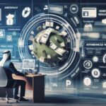 A person in traditional Middle Eastern attire sits at a desk facing a digital display featuring financial charts, an overview of CFPB regulations, icons, and a globe surrounded by floating US dollar bills.