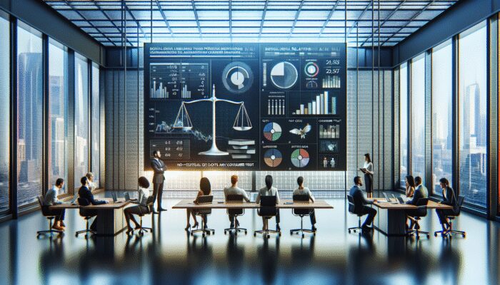 A group of lenders analyzing financial regulations on a large screen in a modern office, balancing costs and consumer trust.