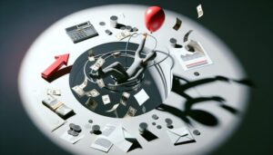 A gray mannequin holds a red balloon and dangles above a hole surrounded by money, coins, documents, a calculator, envelopes, and a red arrow—symbolizing financial struggle where essential budgeting strategies could help avoid payday loans.