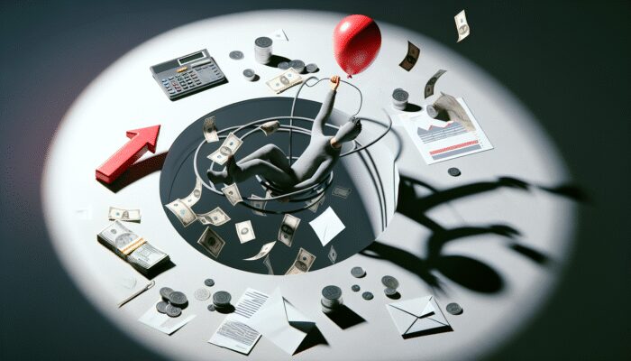 A gray mannequin holds a red balloon and dangles above a hole surrounded by money, coins, documents, a calculator, envelopes, and a red arrow—symbolizing financial struggle where essential budgeting strategies could help avoid payday loans.
