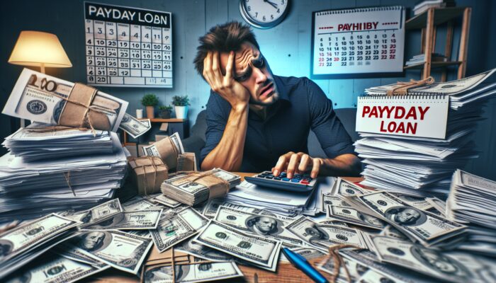 A man sits at a cluttered desk covered with cash, paperwork, and a calculator, looking stressed. Payday loan costs and calendars are visible in the background, emphasizing the financial pressure of US payday loans.