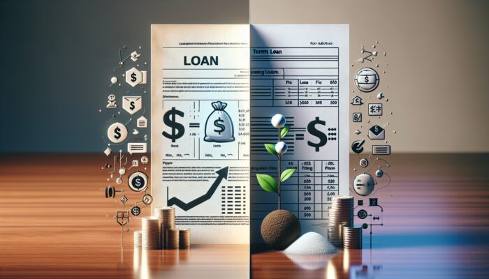A split image on a financial advisor's desk showing short-term loan with high fees and long-term loan with accumulating interest.