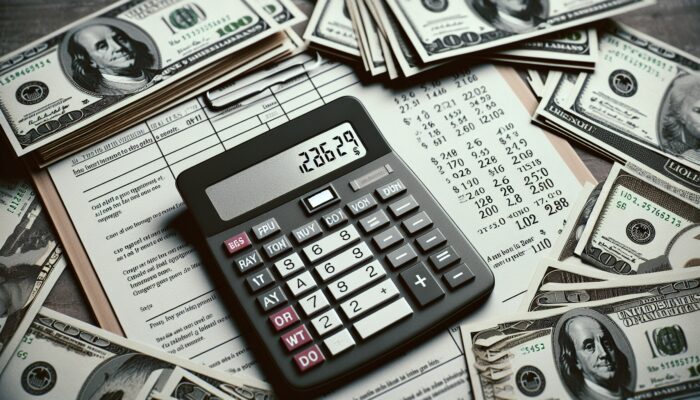 Calculator showing high interest rates, with dollar bills and calendar indicating short-term loan period.