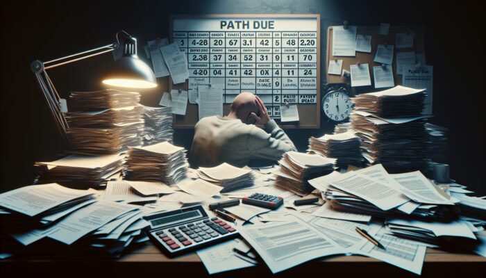 A person sits at a cluttered desk covered in paperwork, calculators, and folders, with their head in their hands. Behind them, a large schedule board and clock highlight the stress of payday loan repayment in a deadline-driven environment.